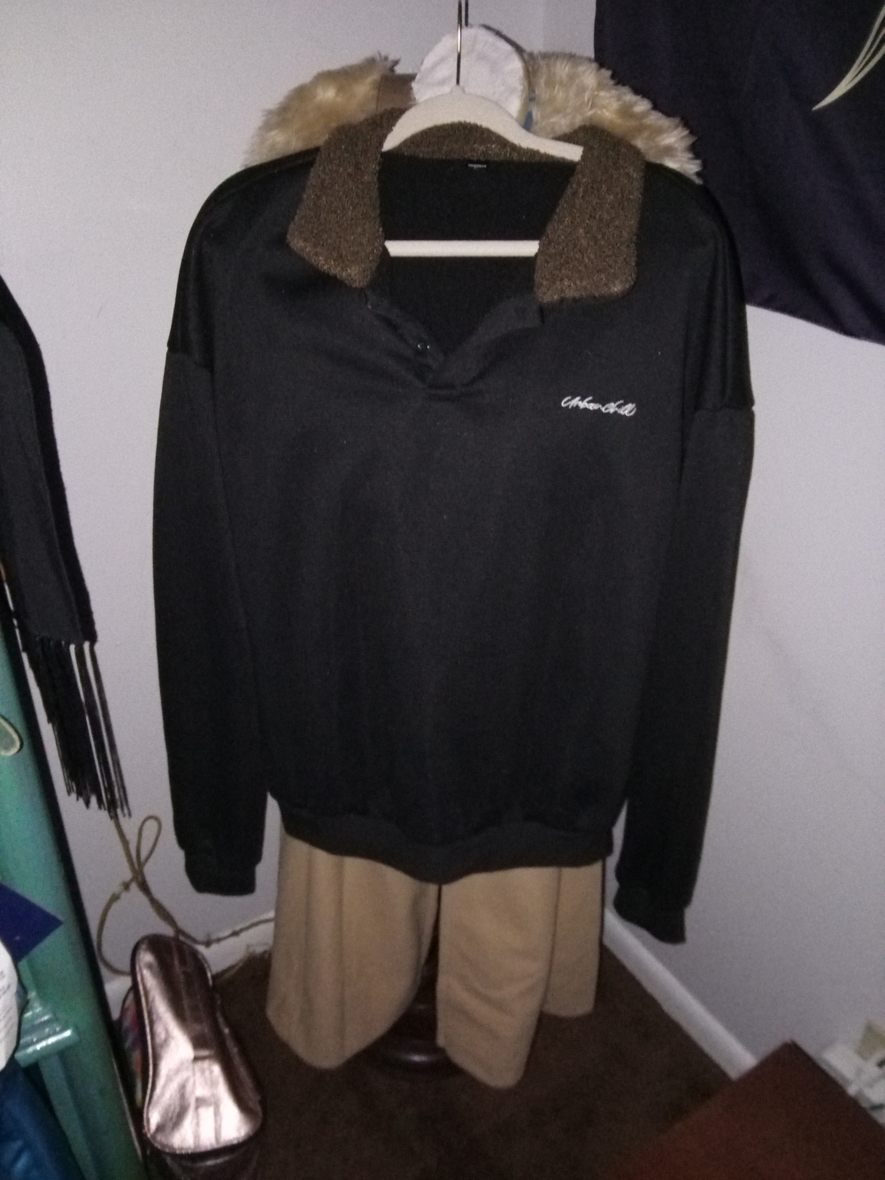 Men's Black V-Neck Sweater with Contrasting Brown Collar